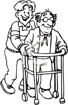 0511-0908-1722-5910_Black_and_White_Cartoon_of_a_man_Helping_His_Elderly_Father_clipart_image