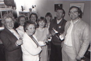 Joan Dales (fourth from left) celerates a Liberal election victory in 1983