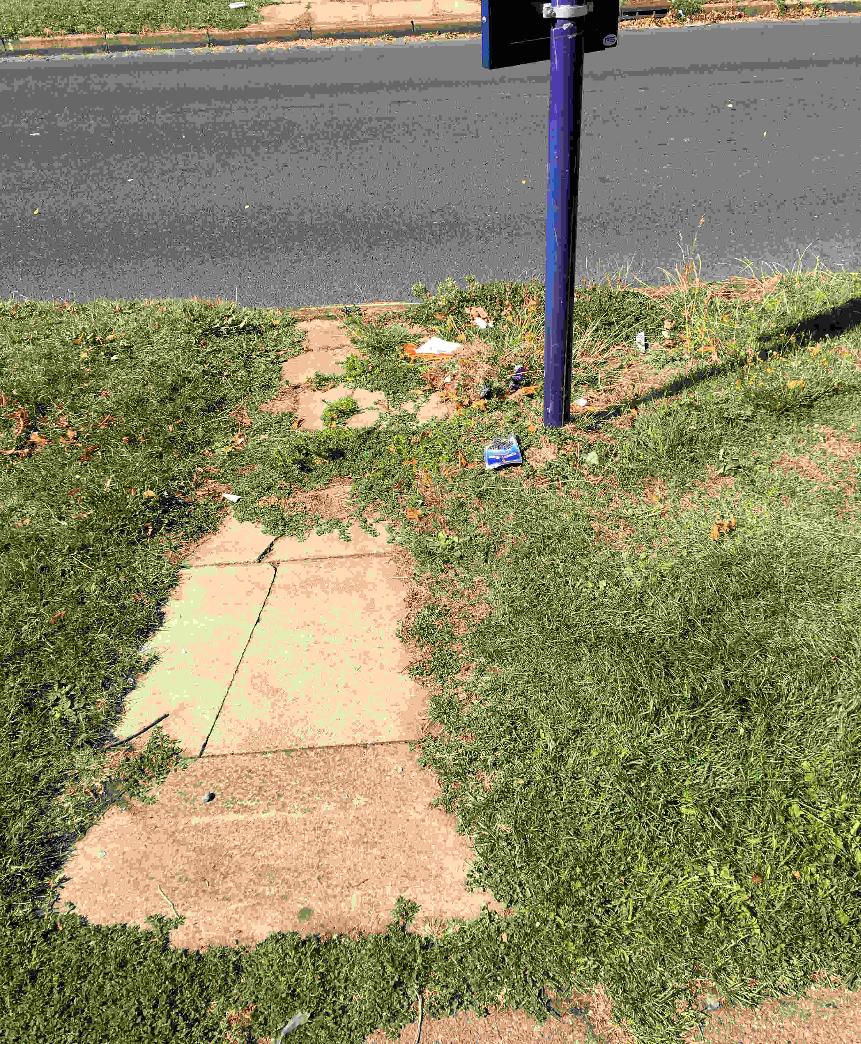 Bus stop paving on Hamilton Drive West disappearing under verge. Reported by Cllr Sue Hunter.