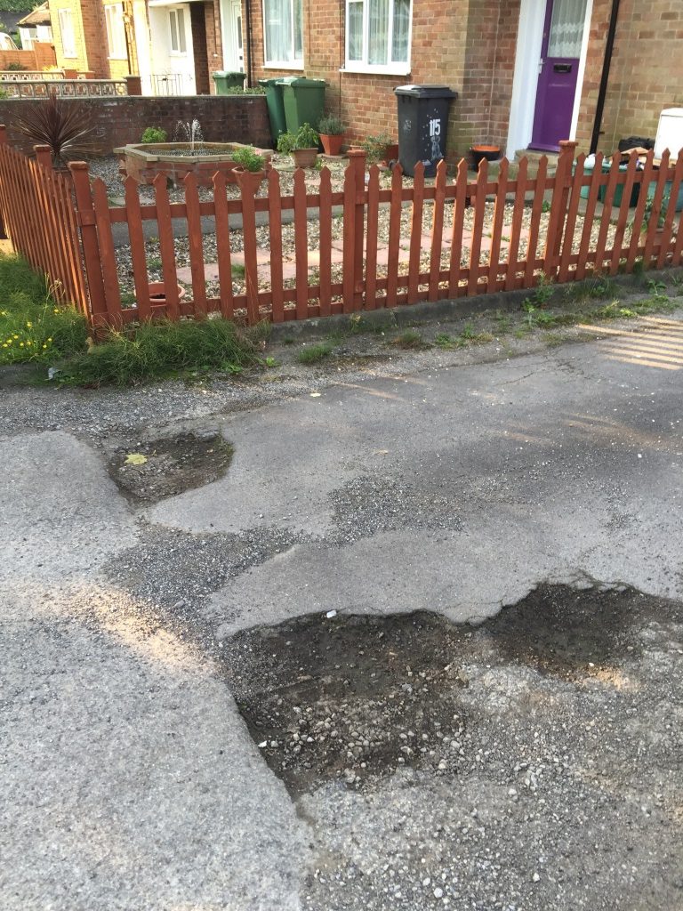 Potholes on little Green Lane are getting bigger. Being followed up by Cllr Andrew Waller