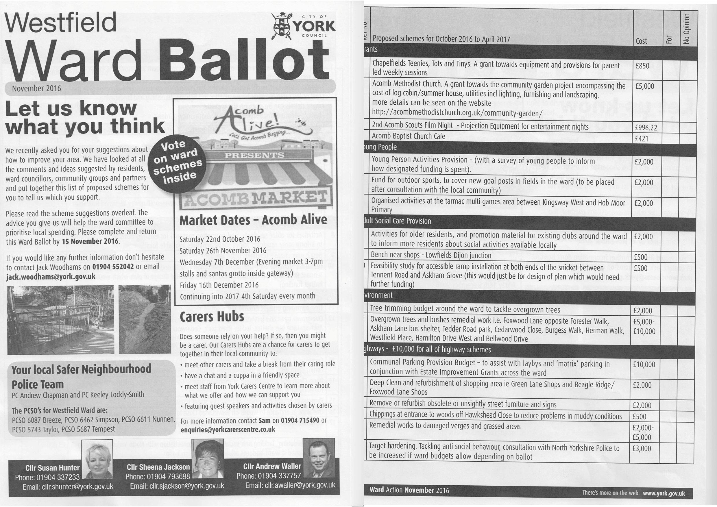 After a delay, the Ward Committee published and started to distribute a ballot paper. This gives residents the opportunity to decide how a delegated budget should be spent in the local area. 
