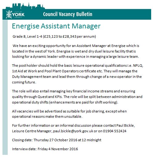 Energise were on the lookout for a new assistant manager