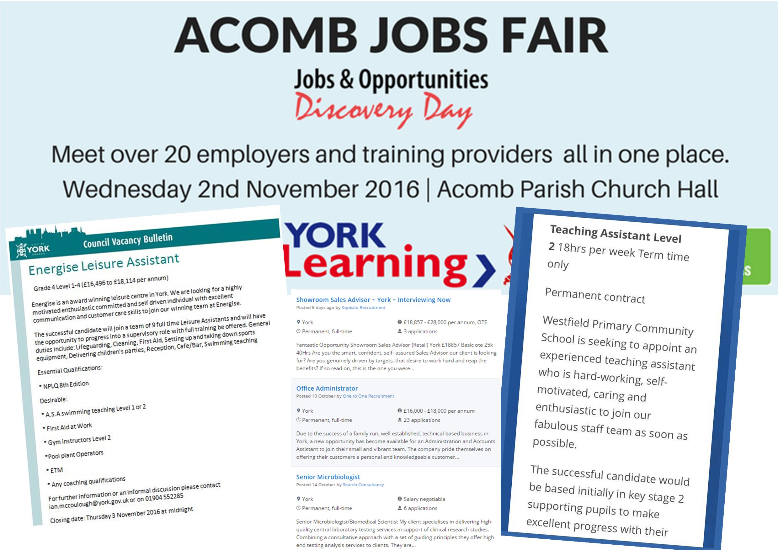 A "jobs fair" will take place at the Church Hall on Front Street on 2nd November. With unemployment now at record low levels several employers are desperate to fill vacancies. 